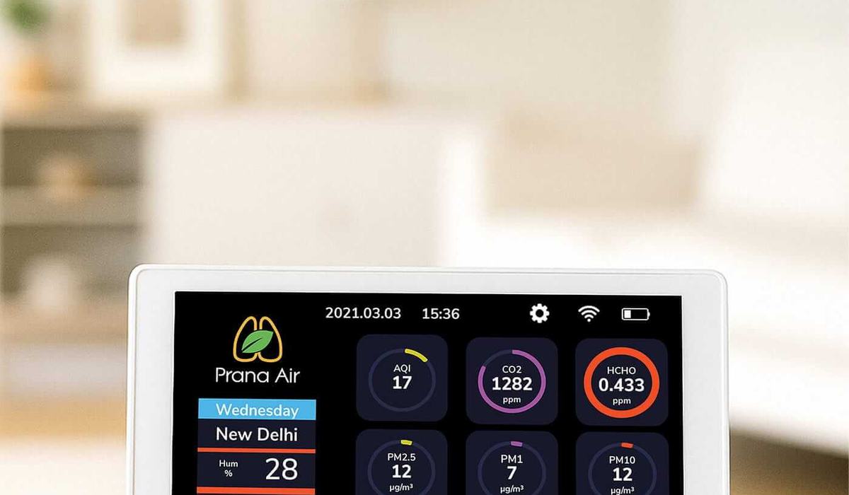 Indoor air quality monitor displaying PM2.5 and CO2 readings