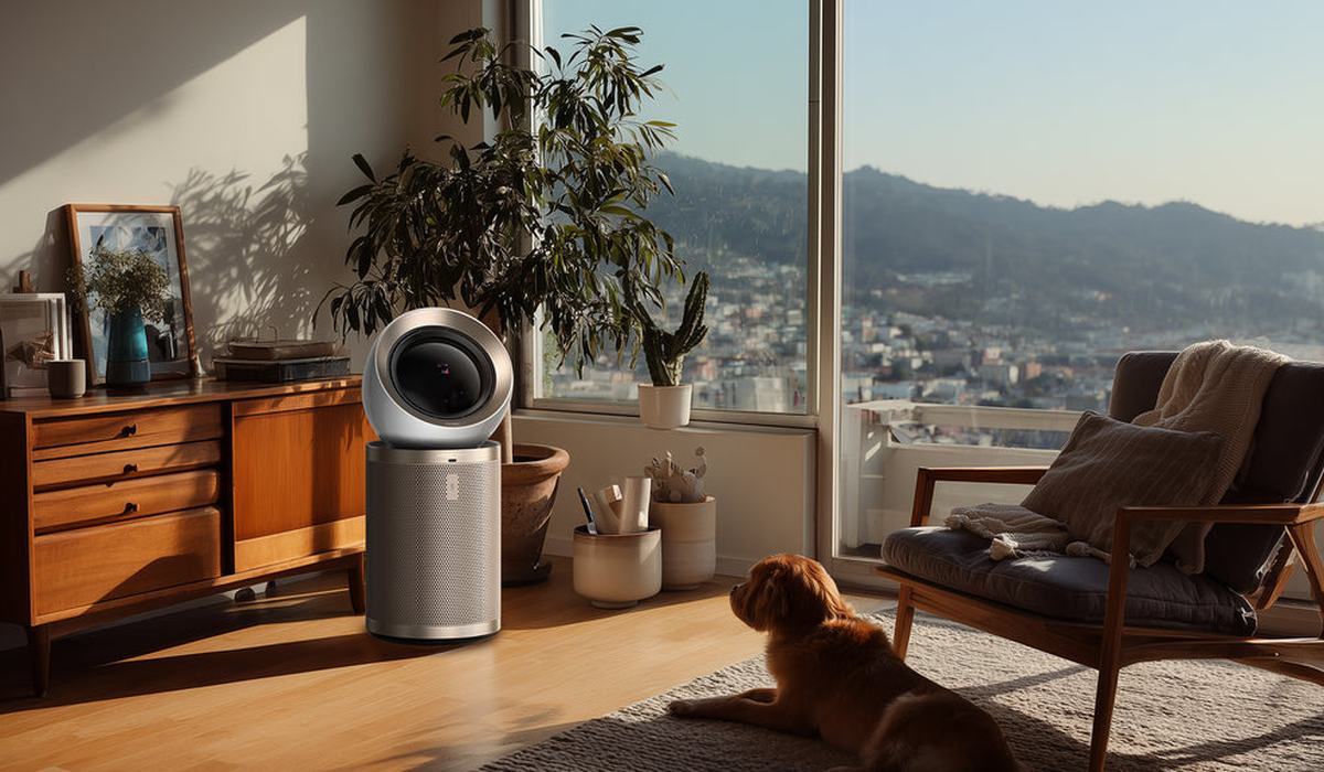 Air purifier running in a bright apartment living room