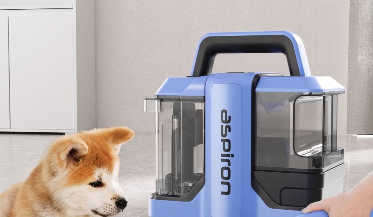 Portable carpet cleaner and dog beside an upholstered couch