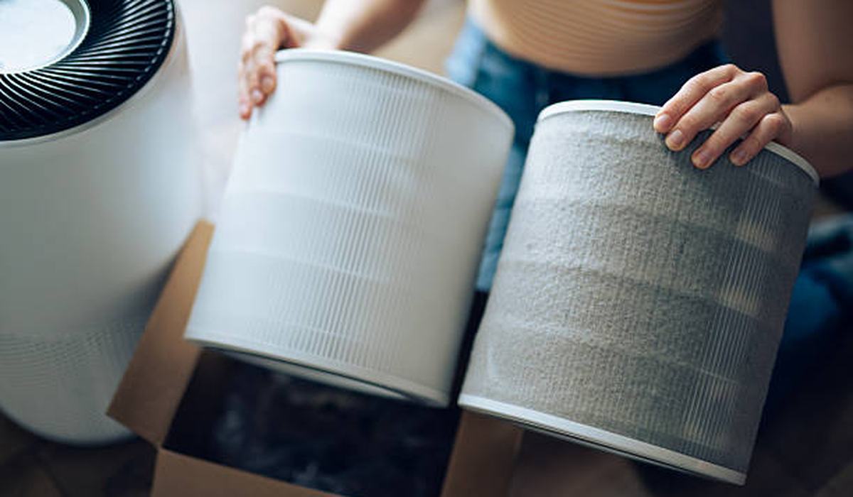 Clean and dirty air purifier filters held side by side