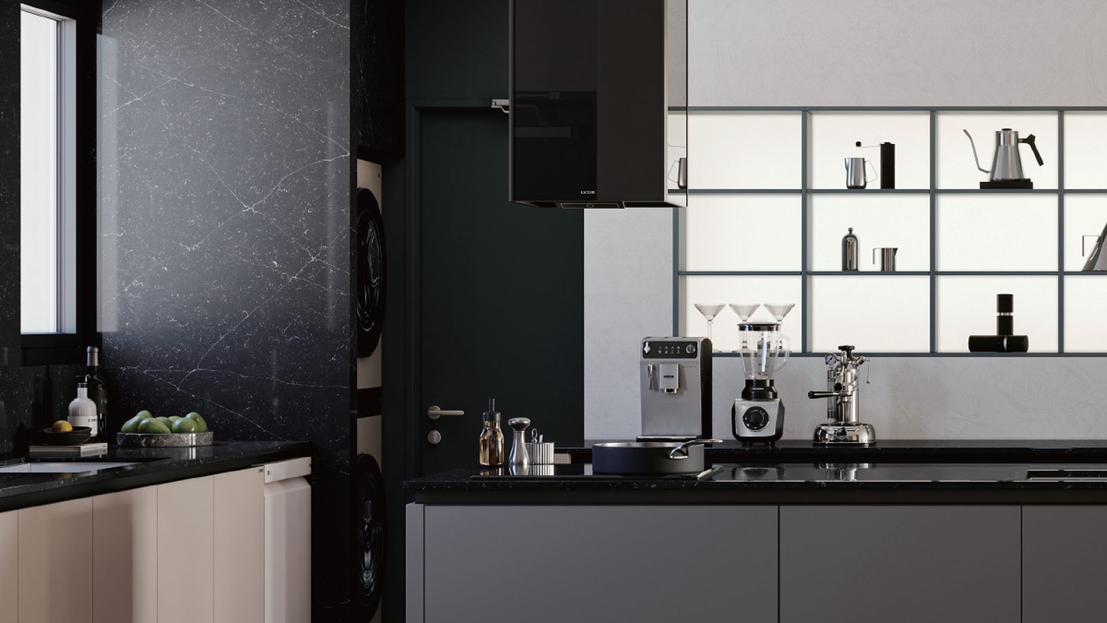 Modern small apartment kitchen with compact appliances