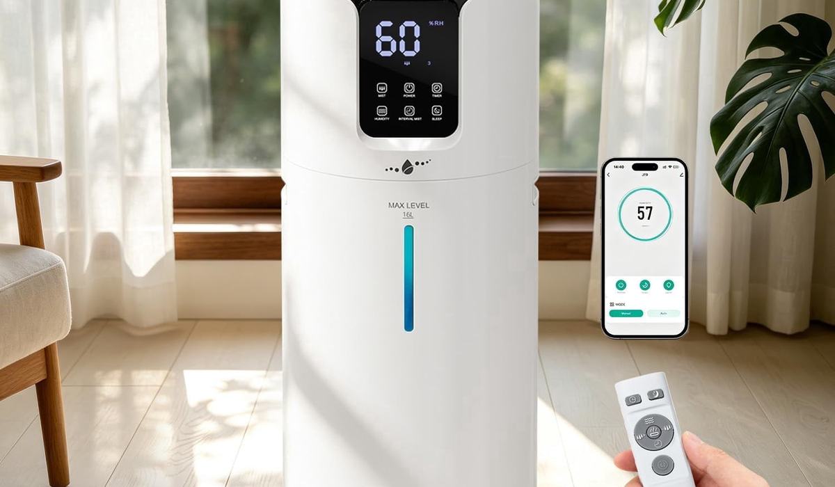 Humidifier with a digital display beside a bed in an apartment