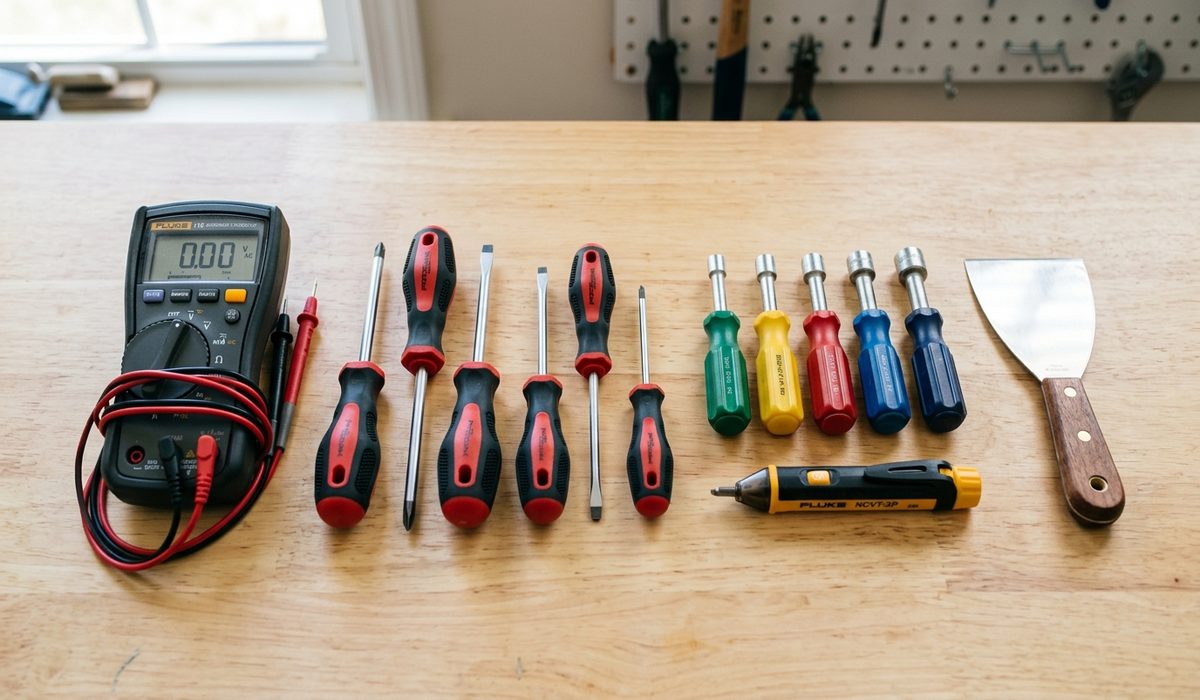 Flat lay of essential home appliance repair tools